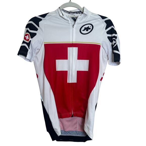 Assos Suisse LS Federation Short Sleeve Full Zip Cycling Jersey Red White sz S - Picture 1 of 11